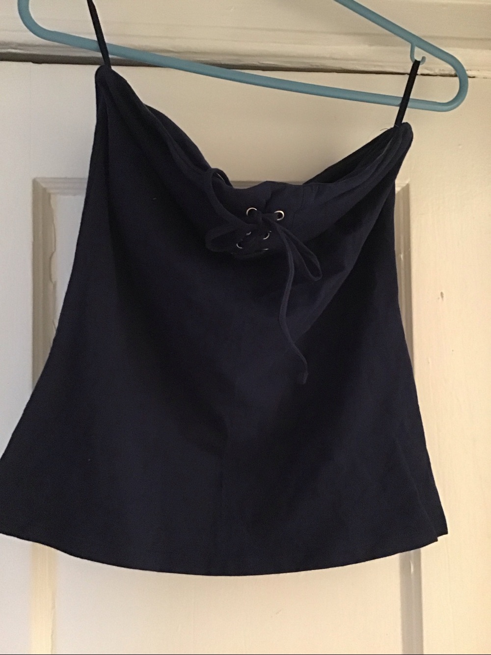 Navy Blue tie up strapless tube top with built in bra with anti slip tape